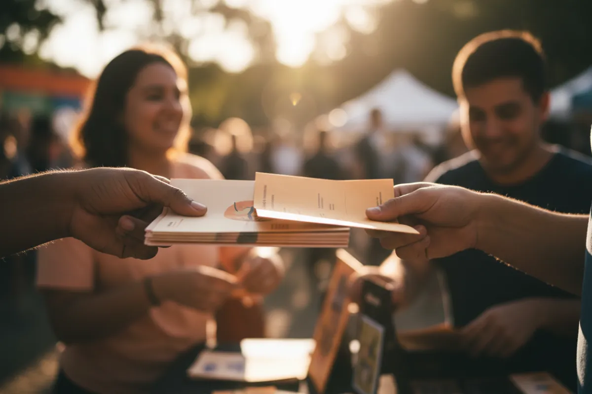 Close-up of hands exchanging informational flyers about down payment assistance at a community event, warm tones and candid composition.