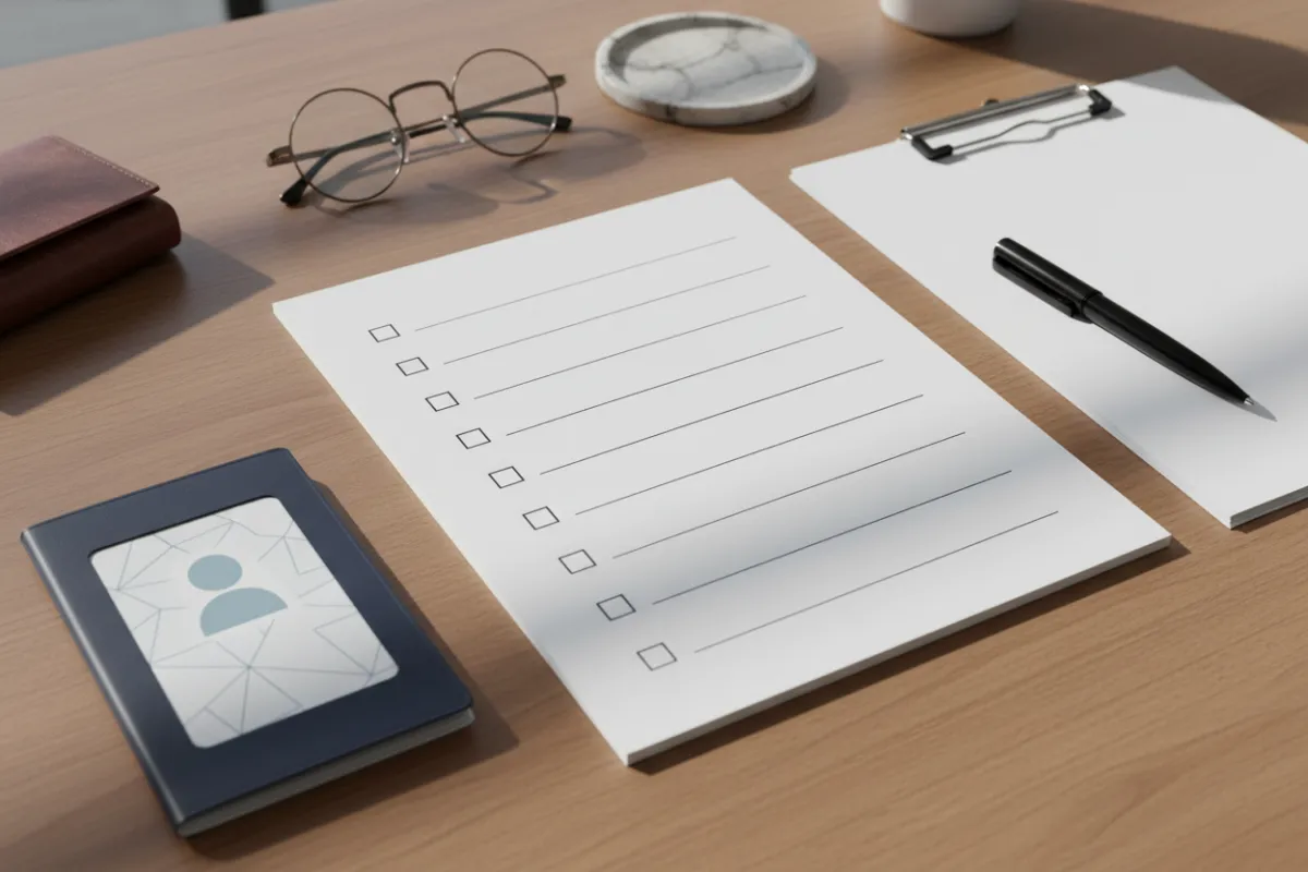 Neatly arranged checklist and identification documents on a table, high-detail close-up to illustrate application readiness and organization.