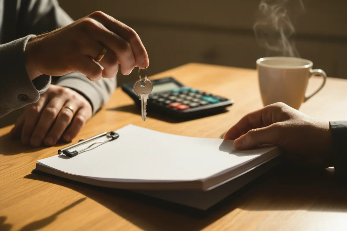 A close-up of hands exchanging a house key and a small stack of paperwork over a table, with a calculator and coffee mug in the background, symbolizing financial clarity and agreement.
