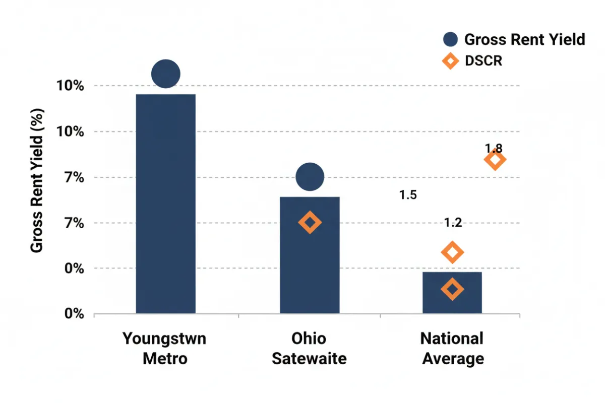 A combined bar and scatter plot comparing gross rent yield and DSCR metrics for Youngstown metro, statewide Ohio, and national averages. Contrasting shapes for yields and DSCR, clear axis labels, and modern editorial styling to support investor comparison and directional interpretation.