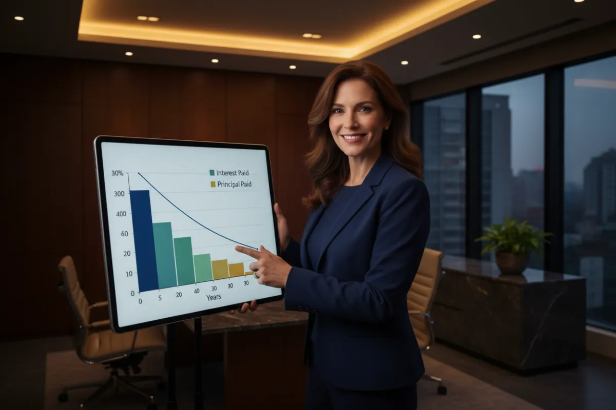 Mortgage advisor with 30-year amortization chart