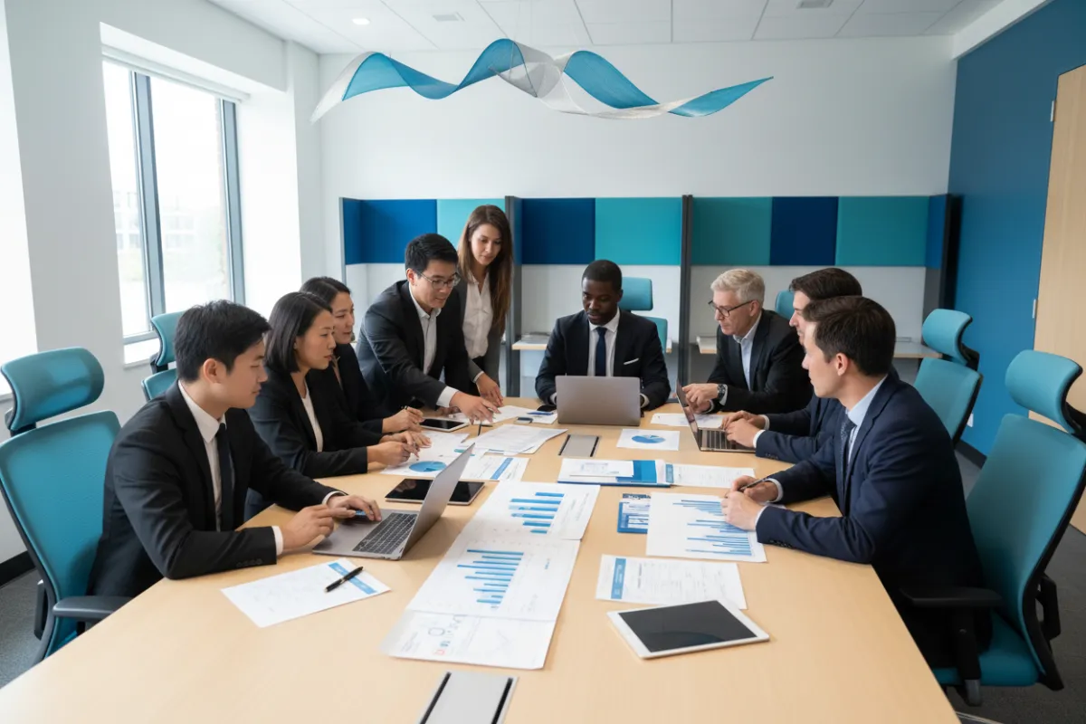 A diverse team of real estate and finance professionals collaborating around a table with charts, laptops, and property documents. The setting is a bright, modern workspace with blue and teal accents, reflecting a dynamic, expert-driven environment.