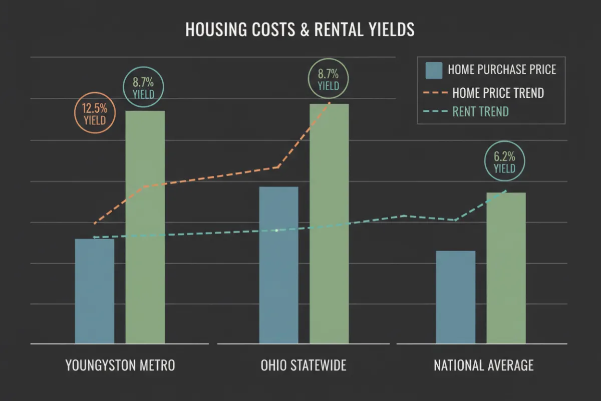 Comparative chart showing typical home purchase prices versus annual asking rents across Youngstown metro, statewide Ohio, and national averages. Clean editorial bar-and-line layout with annotated yield callouts, gridlines, and clear legend to support community readers and investor analysis.