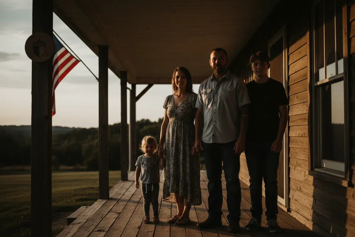 Veteran family on porch with US flag