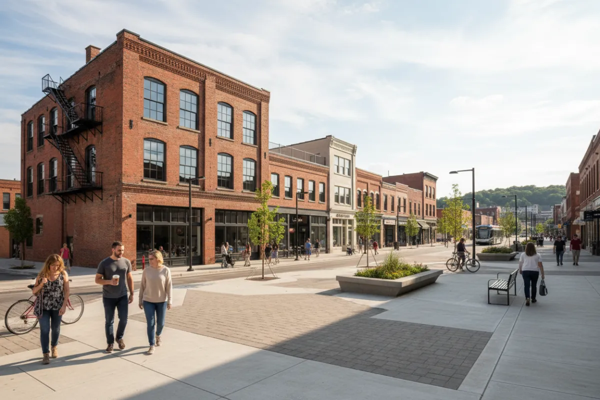 Panoramic view of downtown Youngstown showing a converted brick loft building alongside mixed-use storefronts, late-morning natural light, pedestrians on widened sidewalks, and subtle streetscape improvements in a photorealistic editorial style to illustrate adaptive reuse patterns.