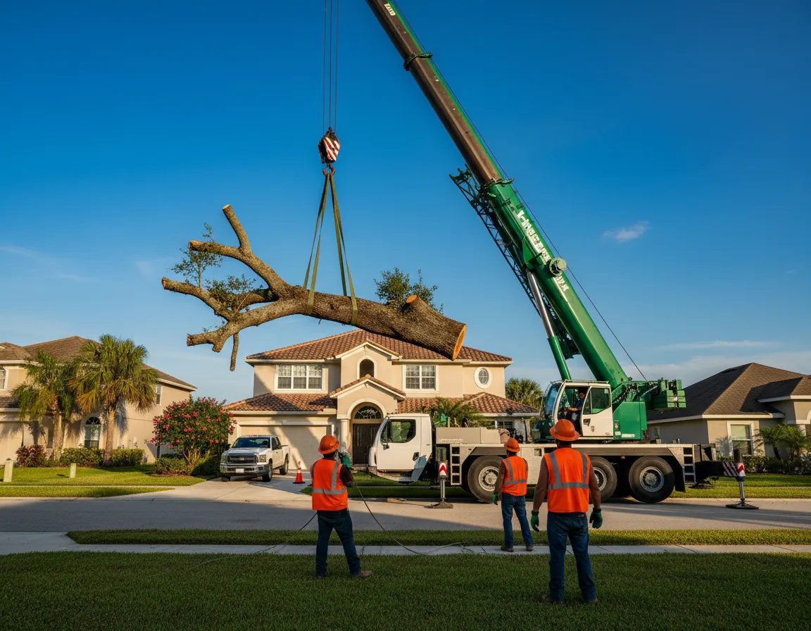 Professional tree removal crane operating over a Florida home