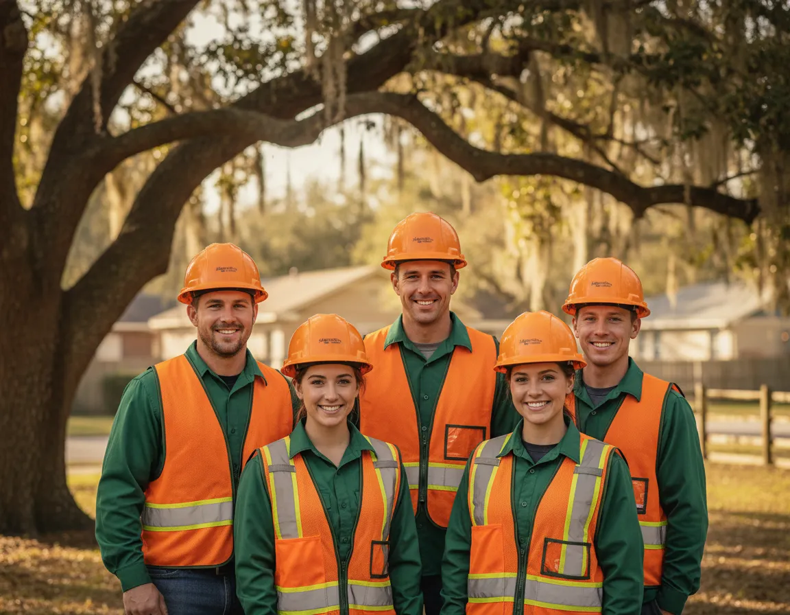 Professional tree care crew with hardhats and safety gear in Florida