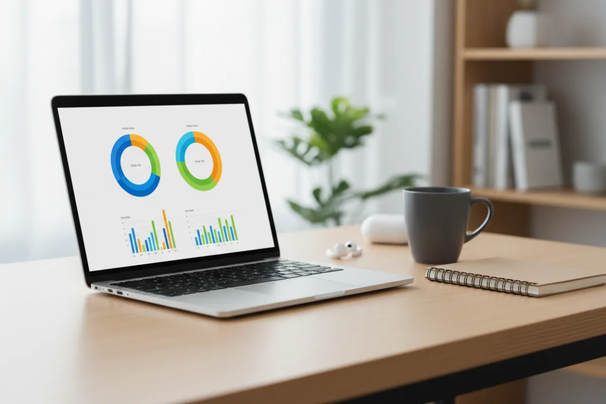 A close-up of a laptop displaying a colorful dashboard with charts and course modules, next to a notebook and coffee mug on a modern desk, suggesting productivity and digital learning.