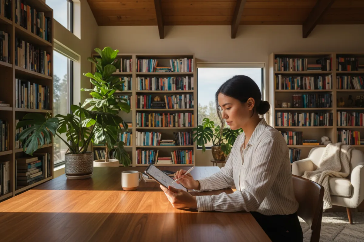 A young woman using a tablet to study in a sunlit home office, surrounded by books and plants, with a focused expression and a modern, cozy atmosphere.
