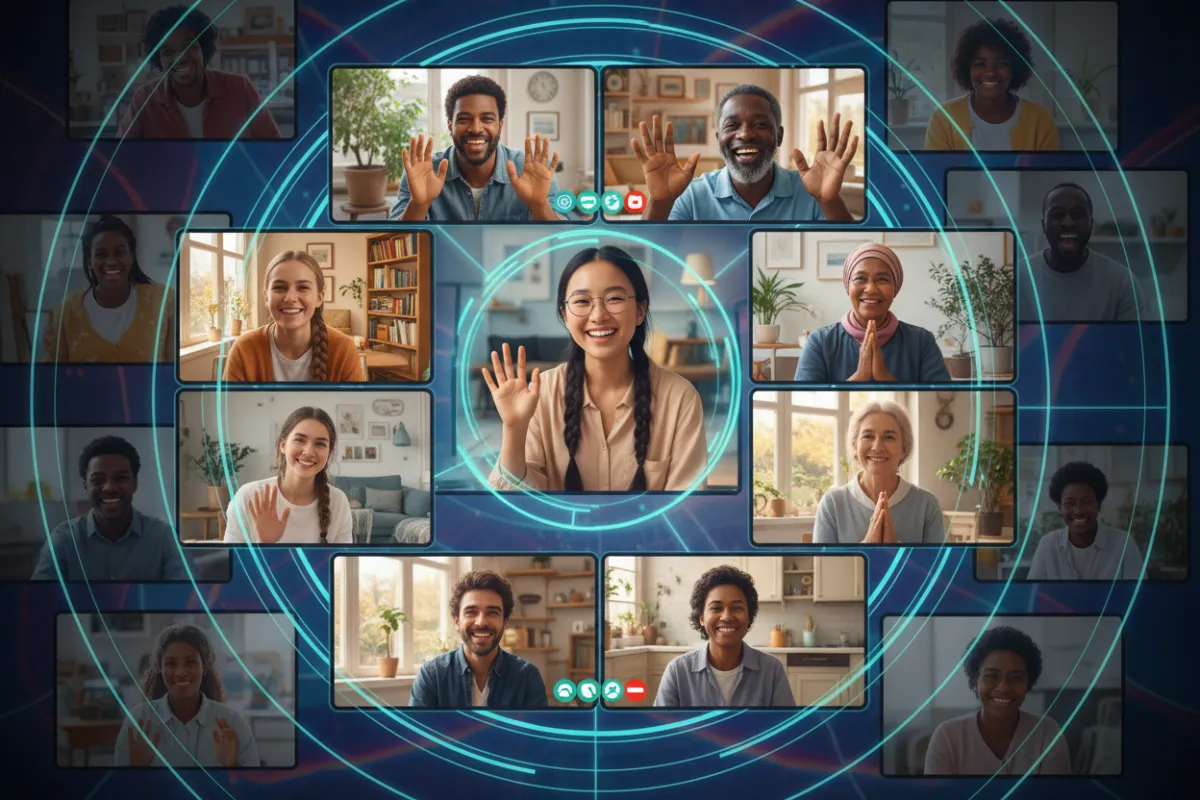 A group of people from various backgrounds gathered in a virtual meeting, smiling and interacting on their screens, representing a global online learning community.