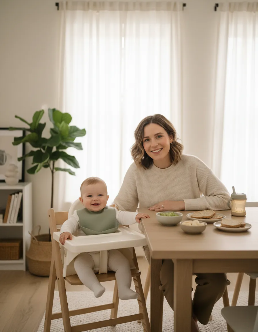 Victoria from Confident Solids smiling with a baby at the table