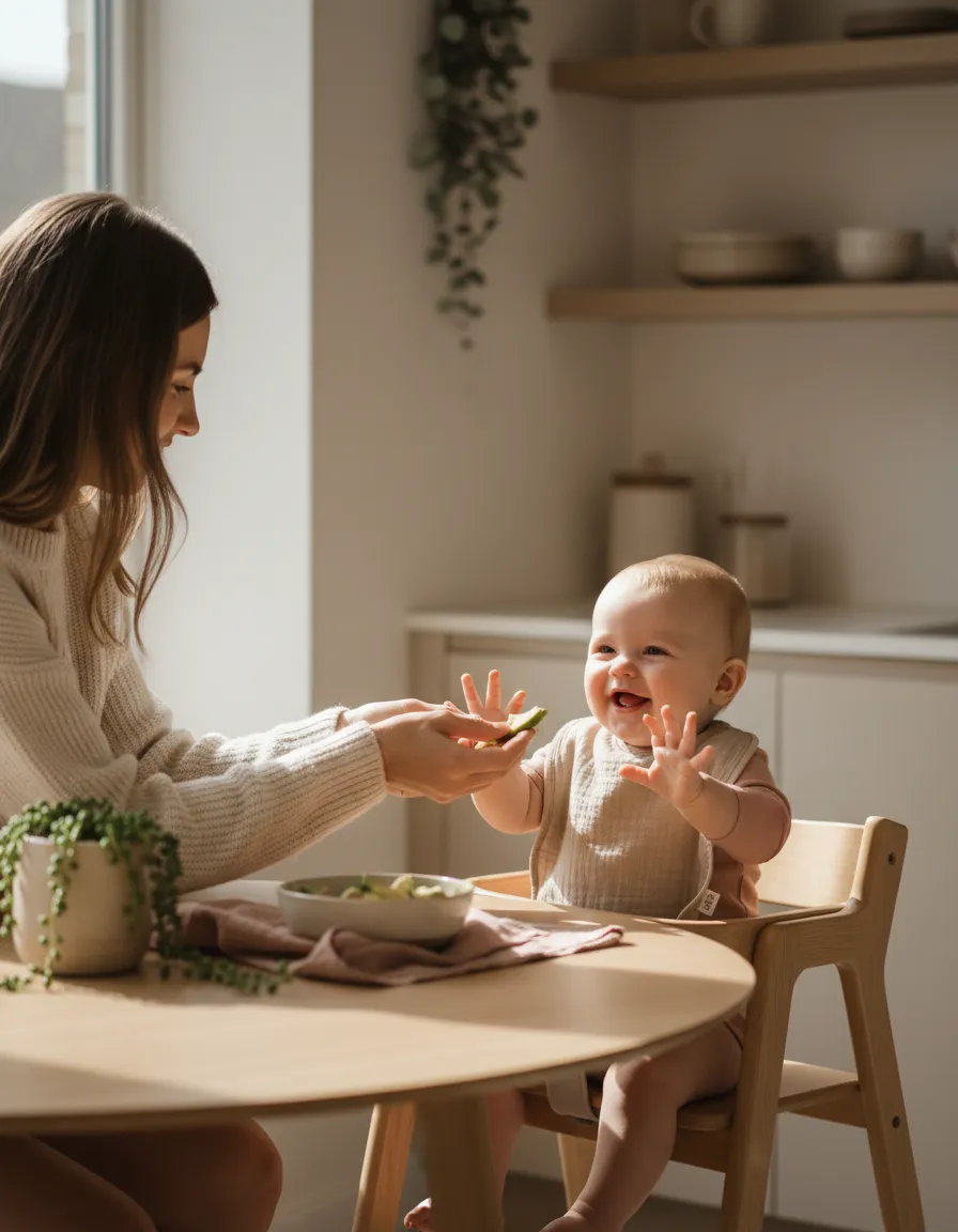 Parent offering first solid foods to a calm baby at a sunlit table