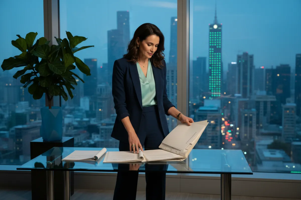 Elegant business owner in a modern office, reviewing bespoke service documents, with a city skyline visible through large windows. The setting exudes luxury and professionalism, with cool blue and green tones, and the subject is a confident woman in her 40s.