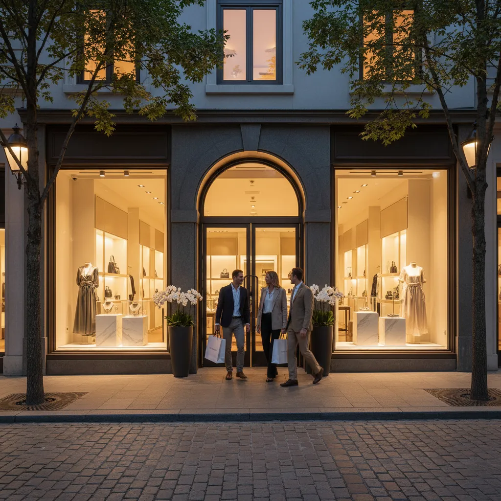 A high-end boutique storefront with elegant window displays, soft lighting, and a welcoming entrance. The scene is set in an upscale urban district, with a focus on luxury branding and a steady flow of satisfied customers.