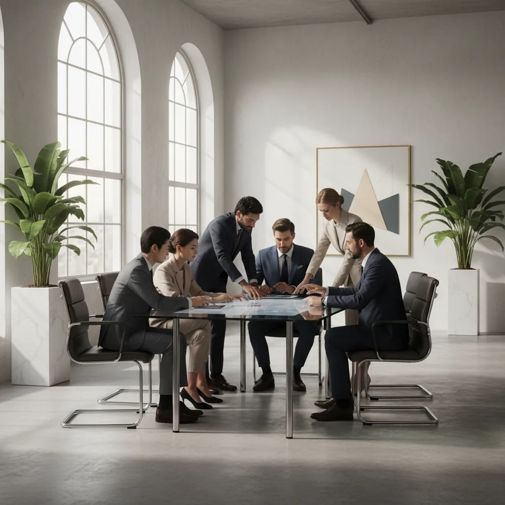 A diverse team of professionals in luxury attire collaborating around a glass table, surrounded by minimalist decor and soft natural light. The group includes men and women of various backgrounds, all focused and engaged, reflecting a premium, inclusive business environment.