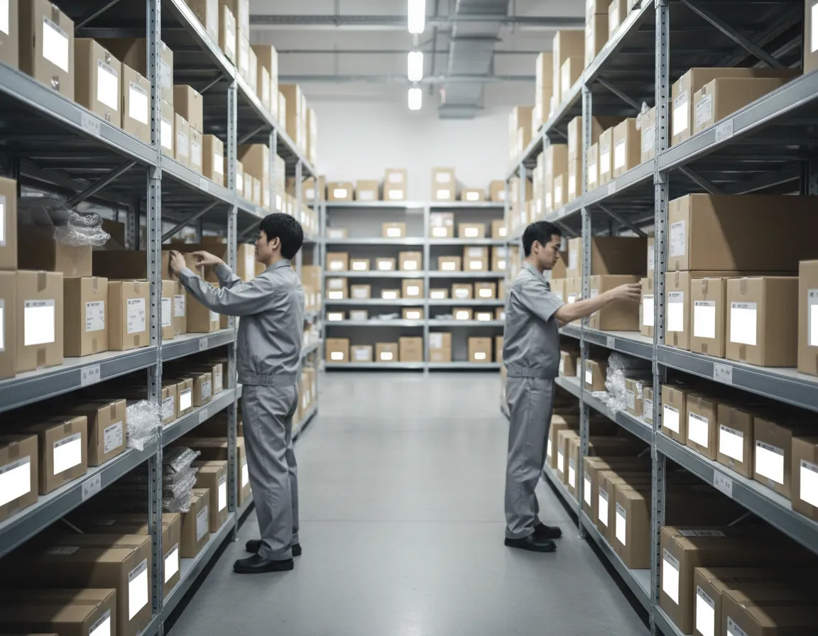 Warehouse staff handling parcels on shelves