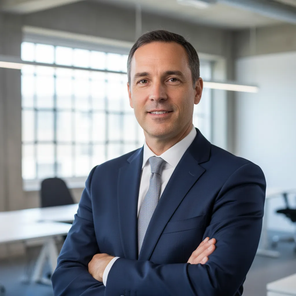 Head-and-shoulders portrait of a confident male procurement manager, mid-40s, in a light industrial office, neutral backdrop, natural soft lighting, photorealistic 1:1 studio-style portrait emphasizing trust and professionalism.