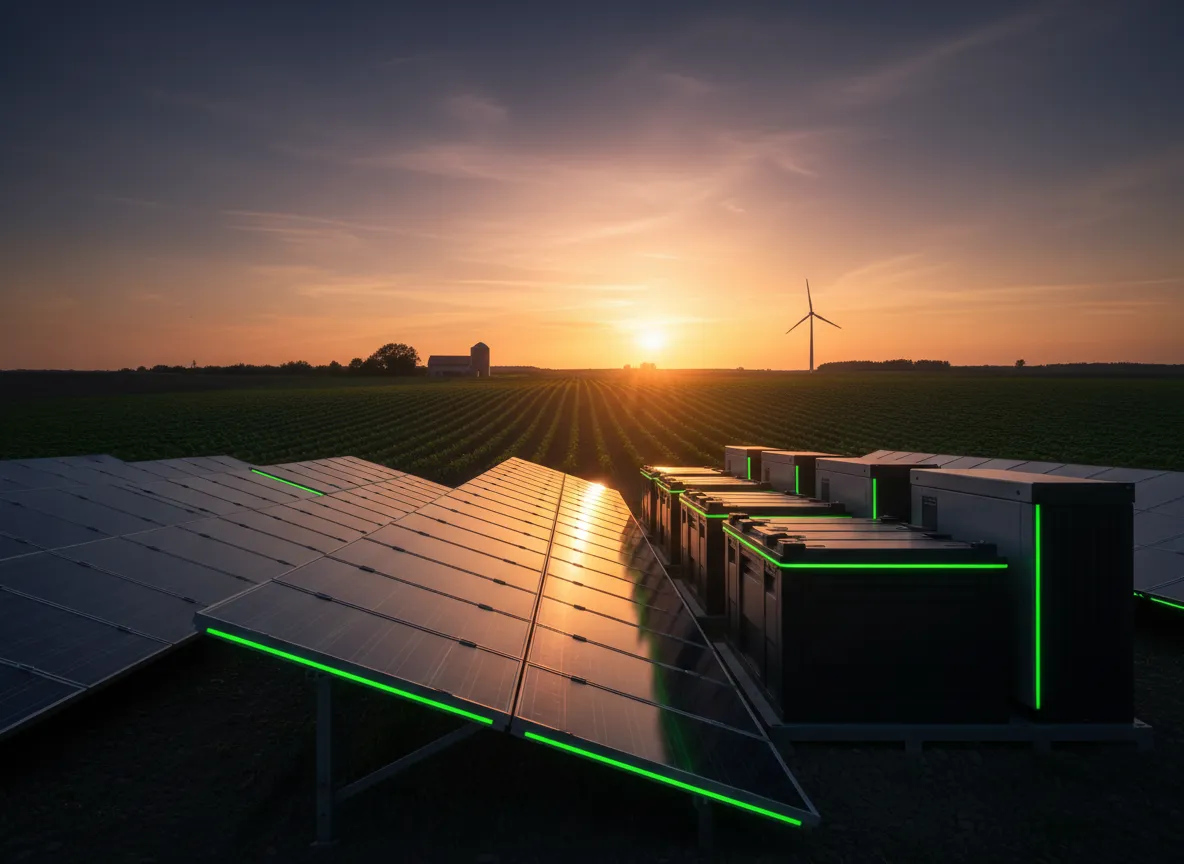Integrated solar microgrid showing modular PV and battery storage on a working farm
