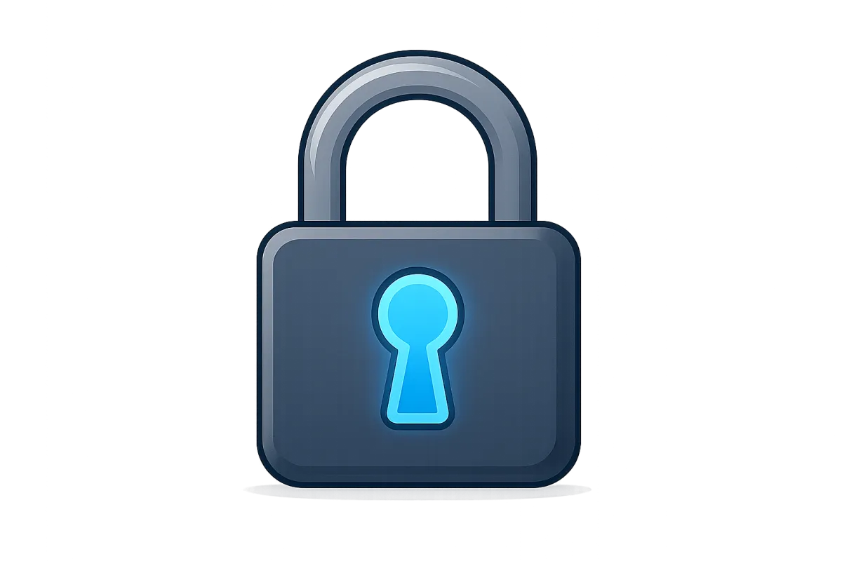 A digital illustration of a single, isolated padlock with a glowing blue keyhole, rendered in a modern flat style. The padlock is centered, with no background or supporting elements, symbolizing secure access.