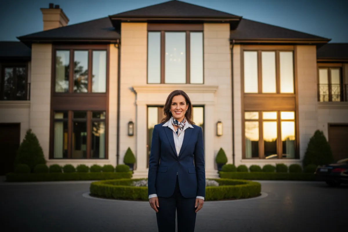 Real estate agent standing in front of a house, luxury cinematic style