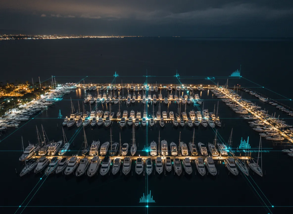 Overhead view of marina with vessels and digital data overlay