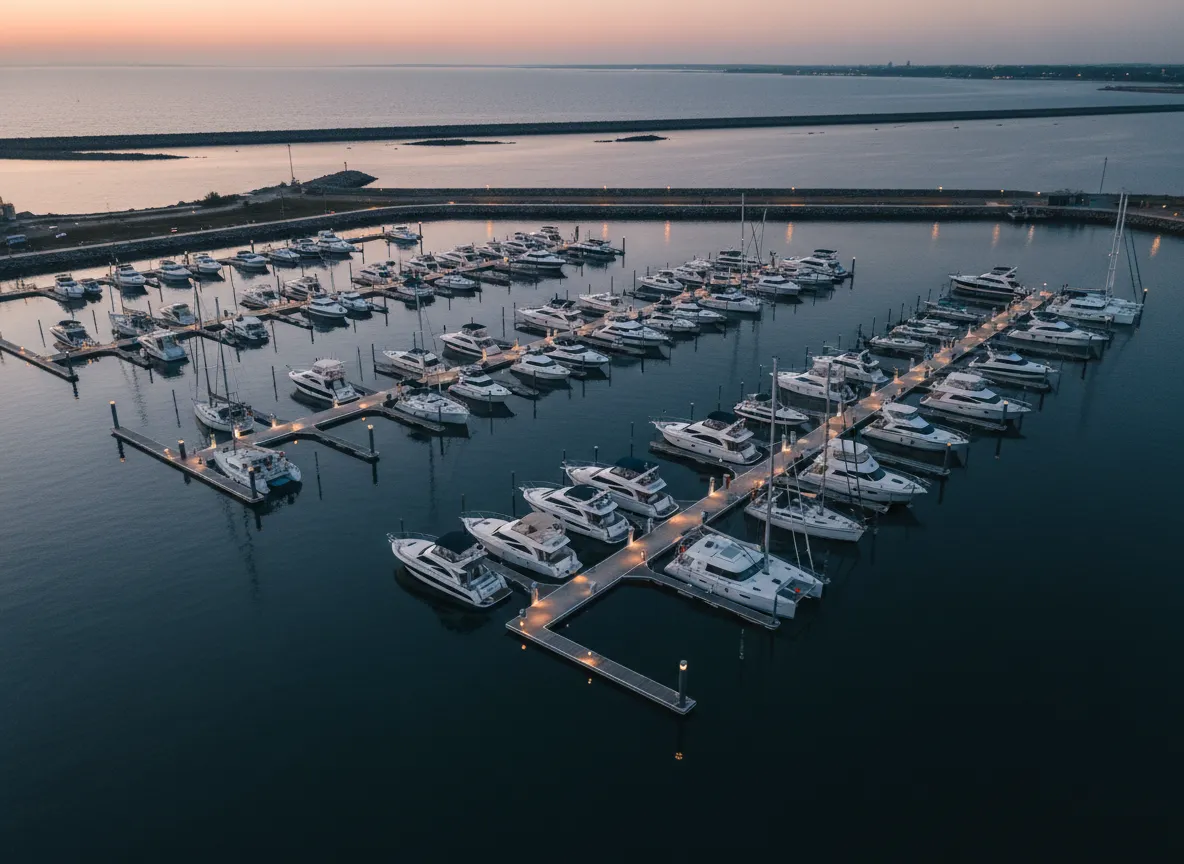Aerial view of boats docked at a modern marina