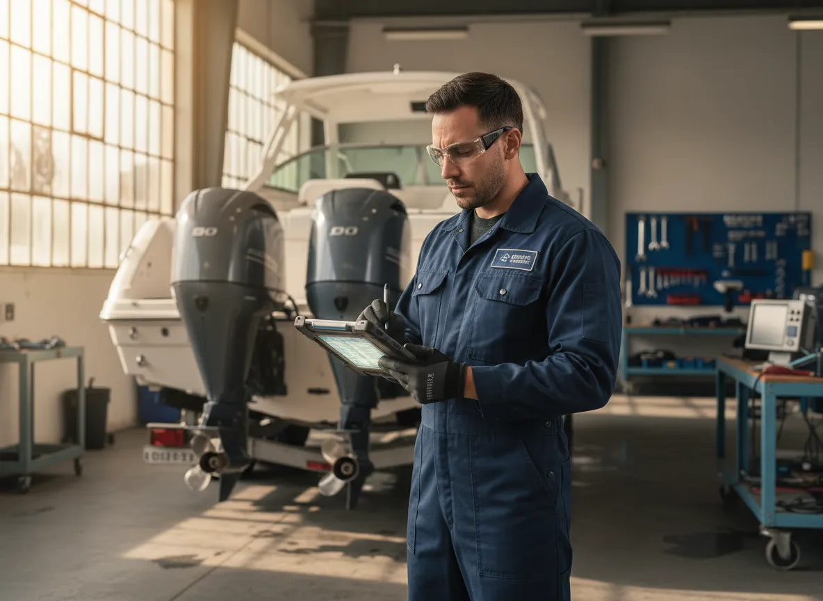 Marine technician updating digital service record on a tablet next to a vessel