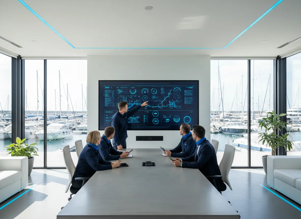 Marine technicians collaborating over digital vessel service records