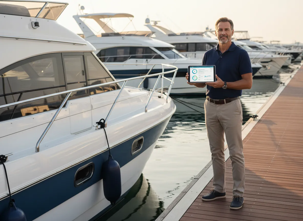 Boat owner reviewing digital vessel record on tablet at marina