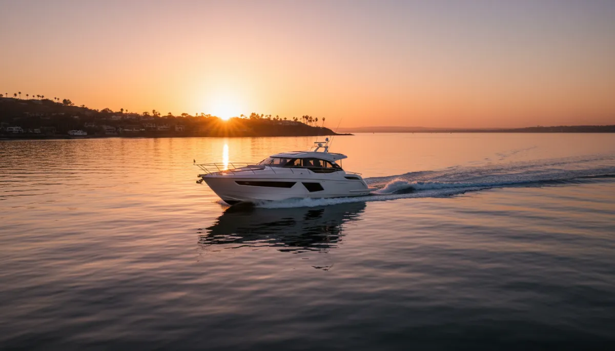 Powerboat underway at sunset with calm seas