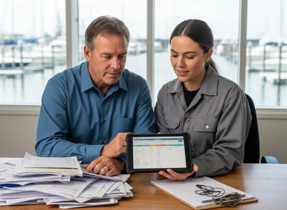 Marina service team reviewing vessel records on a tablet
