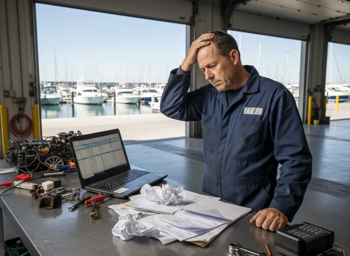 Marine technician reviewing vessel service records at a marina