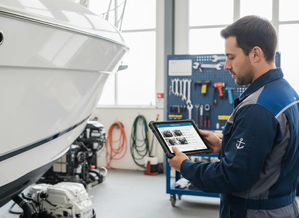 Marine technician documenting work on a vessel