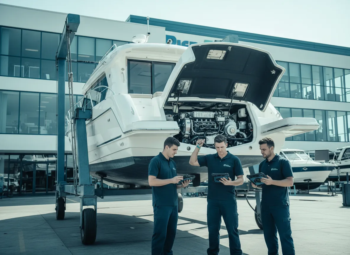 Marine technicians and dealerships collaborating in a service yard