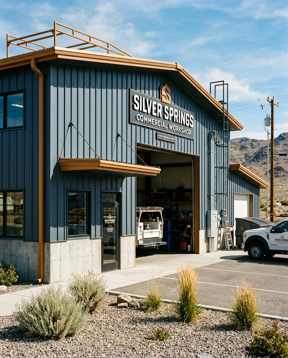 High-contrast commercial desert workshop exterior with precision painted siding and durable protective coating