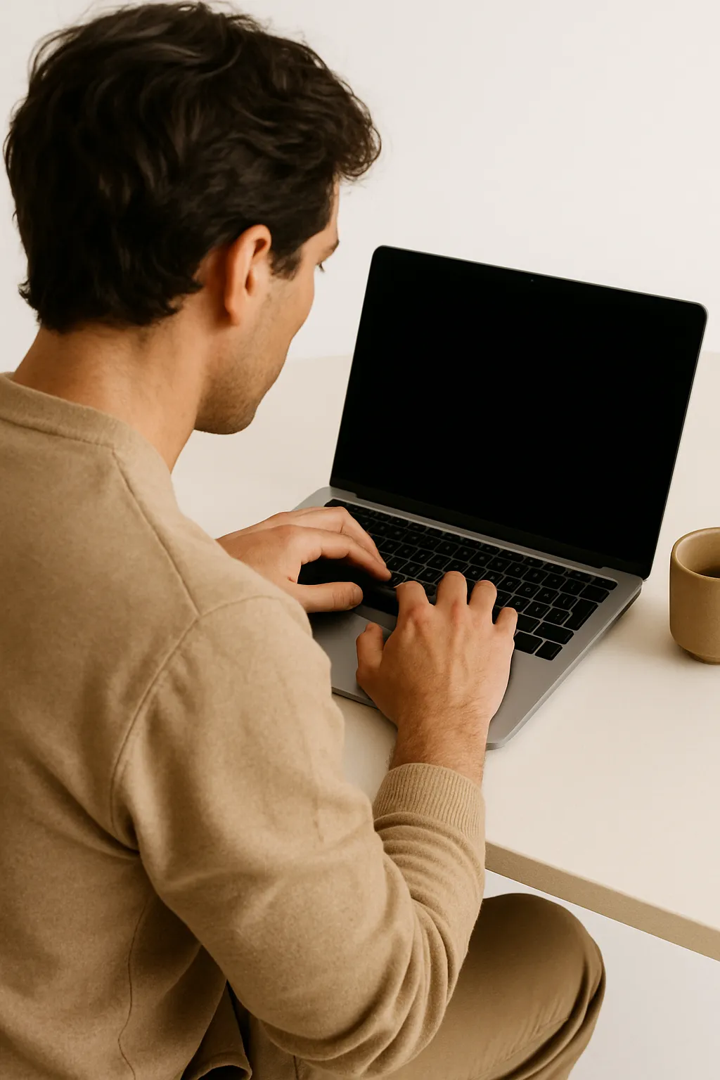 Over-the-shoulder workspace shot with hands on a laptop, warm neutral tones.