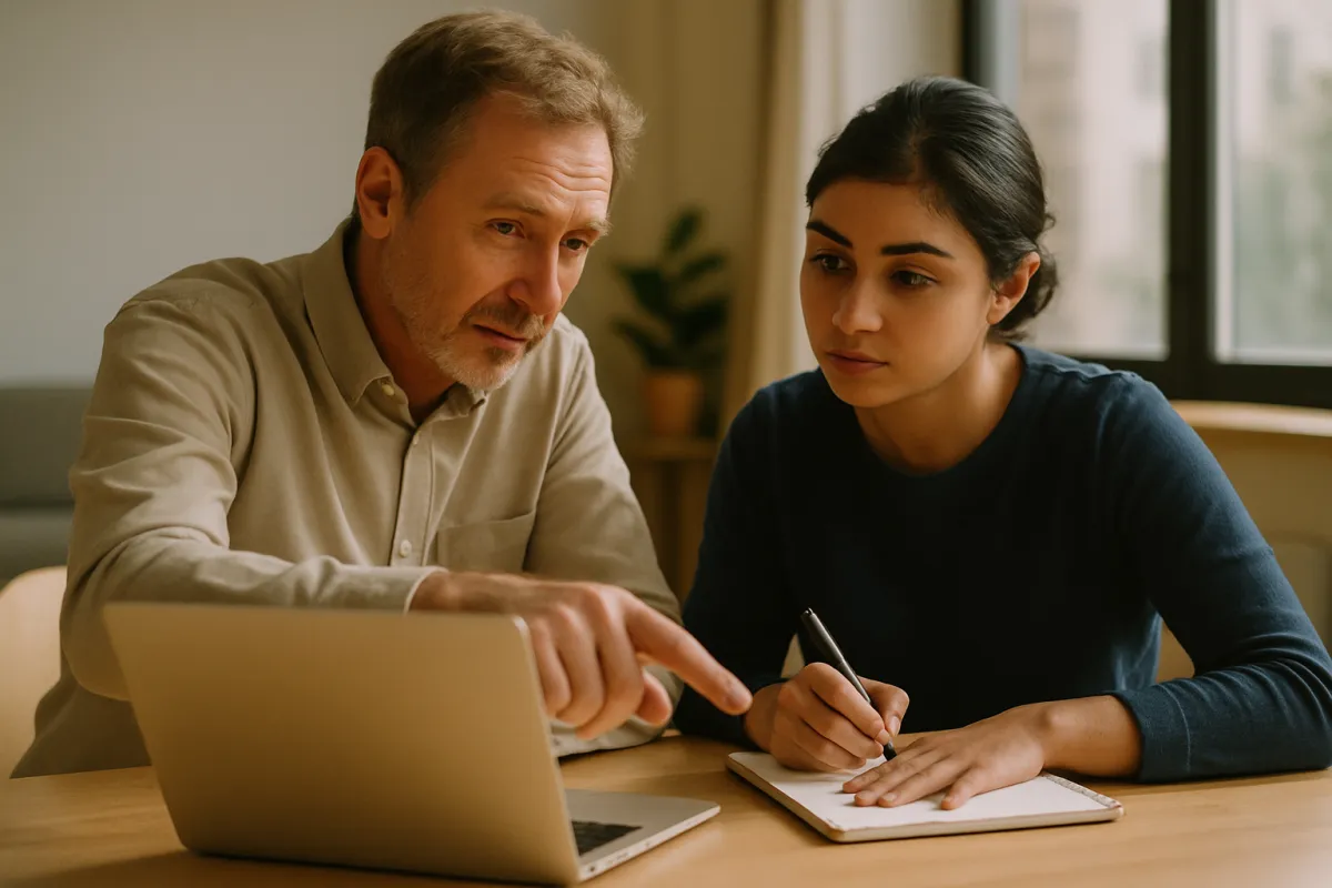Candid coaching session with mentor pointing at a laptop while a student takes notes, conveying guidance and support.