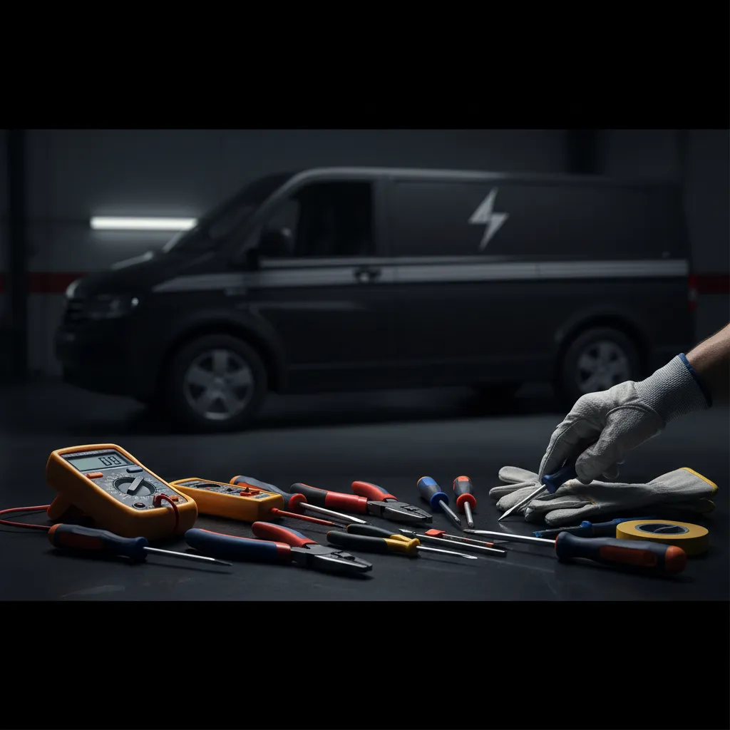 Illustration of electricians with tools and a service van performing maintenance, representing residential and commercial electrical services.