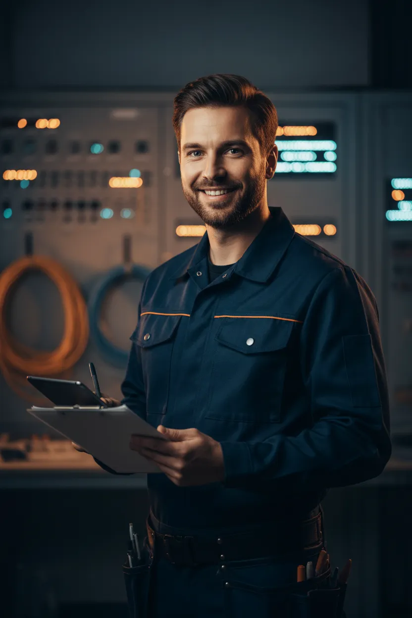 A friendly electrician smiling while responding to a service call, wearing a work shirt and holding tools, conveying approachability and trust. 3:2 aspect ratio.