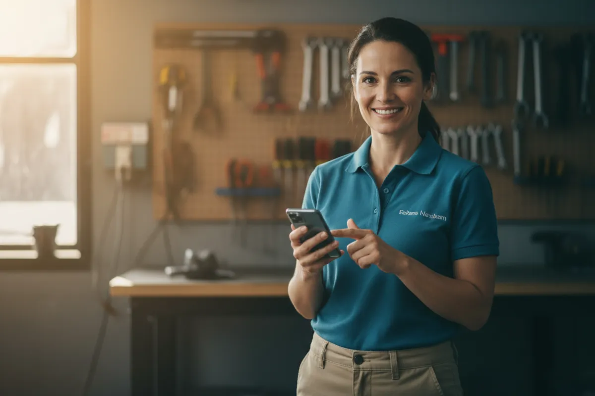 A photorealistic image of a diverse team of service professionals gathered around a table, reviewing a digital tablet displaying a sign-up form. The setting is a bright, modern office with blue accents, conveying teamwork and readiness to take action.