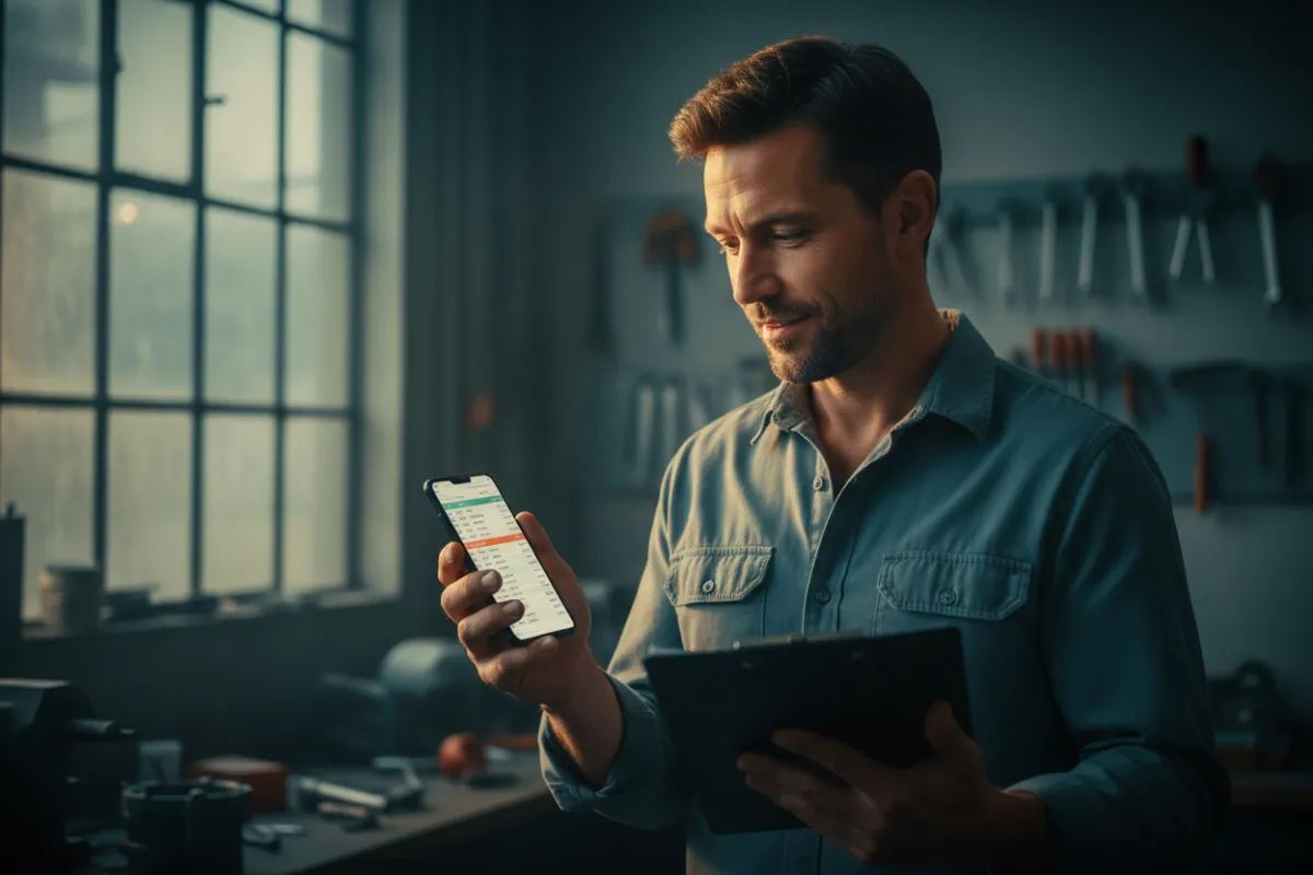 A photorealistic, high-detail hero image resembling the previous composition: a plumber, an HVAC technician, and an electrician standing confidently in front of a large ringing smartphone. Dark, moody background with cooler teal-blue color grading, altered poses and props for uniqueness, cropped to a balanced 3:2 landscape composition.