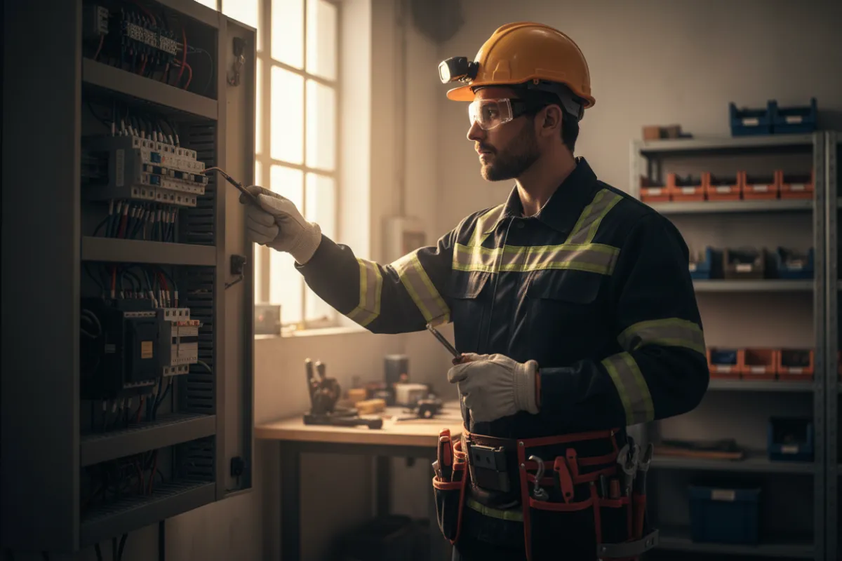 Photorealistic hero photo of a professional electrician working on an electrical panel, wearing safety equipment (gloves and helmet), demonstrating professionalism and safety. 3:2 aspect ratio.