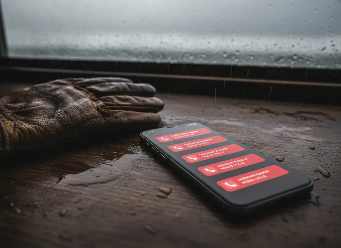 Missed call notification on a smartphone during a storm, representing lost roofing jobs.