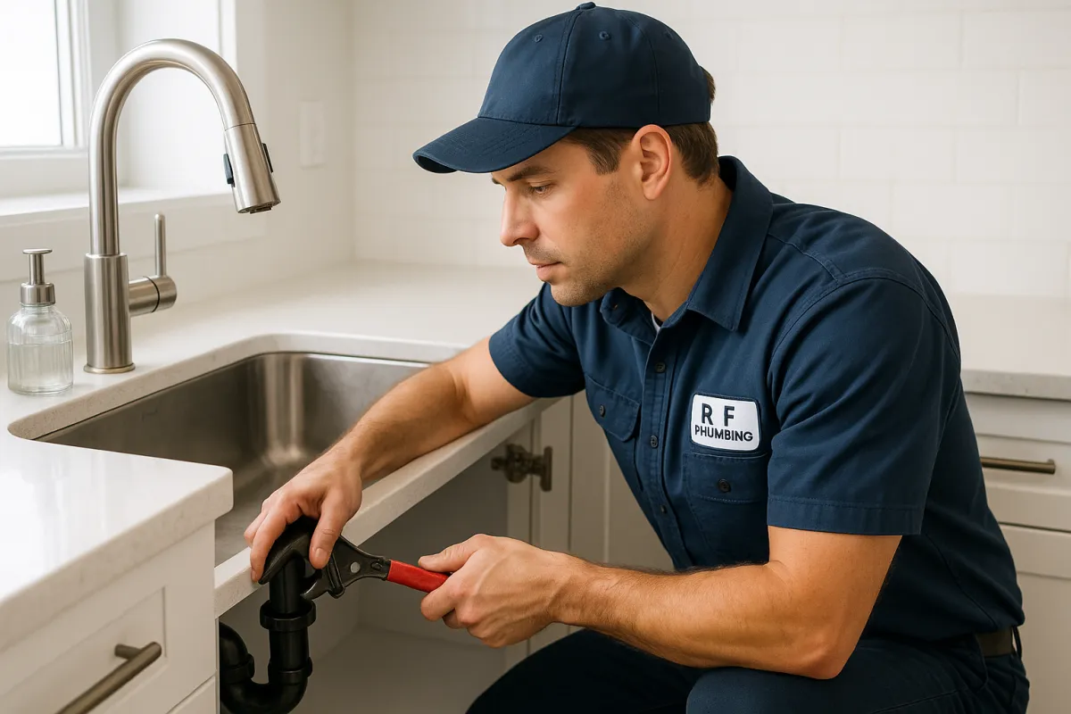 R.F. Plumbing technician repairing a kitchen sink