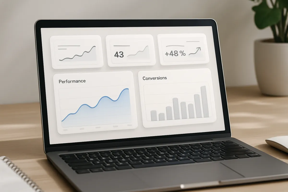 Landscape product figure showing a clean dashboard UI screenshot on a desk, showing performance metrics and conversion graphs.