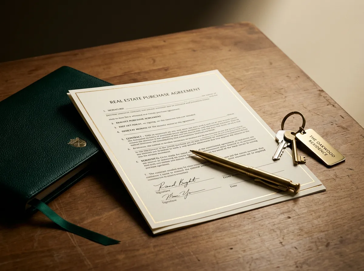 Executed real estate contract and keys on an architectural table representing acquisition closing