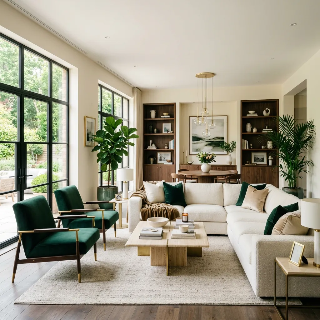 Bright, refined modern Dallas home interior with warm natural lighting and open living space