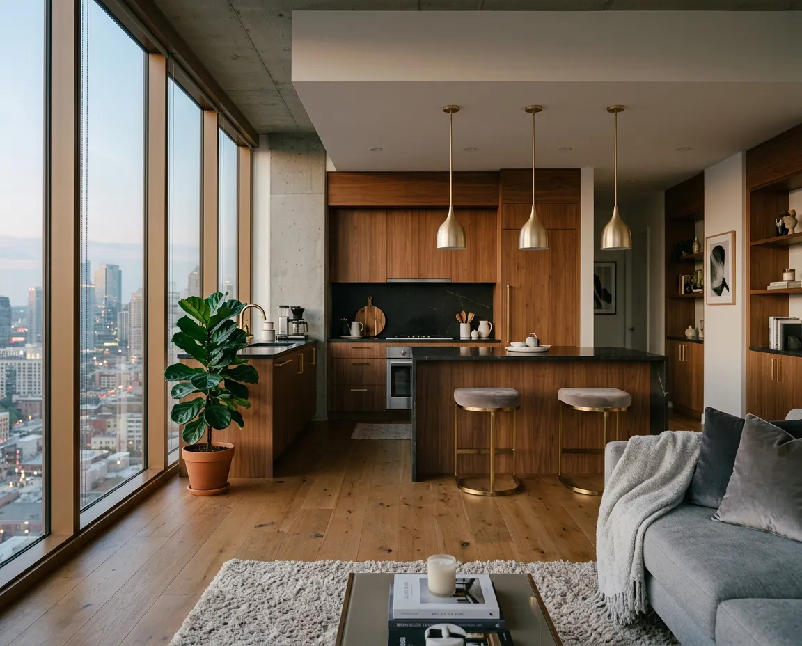 Sunlit interior of an upscale luxury apartment living area featuring floor-to-ceiling windows and city views