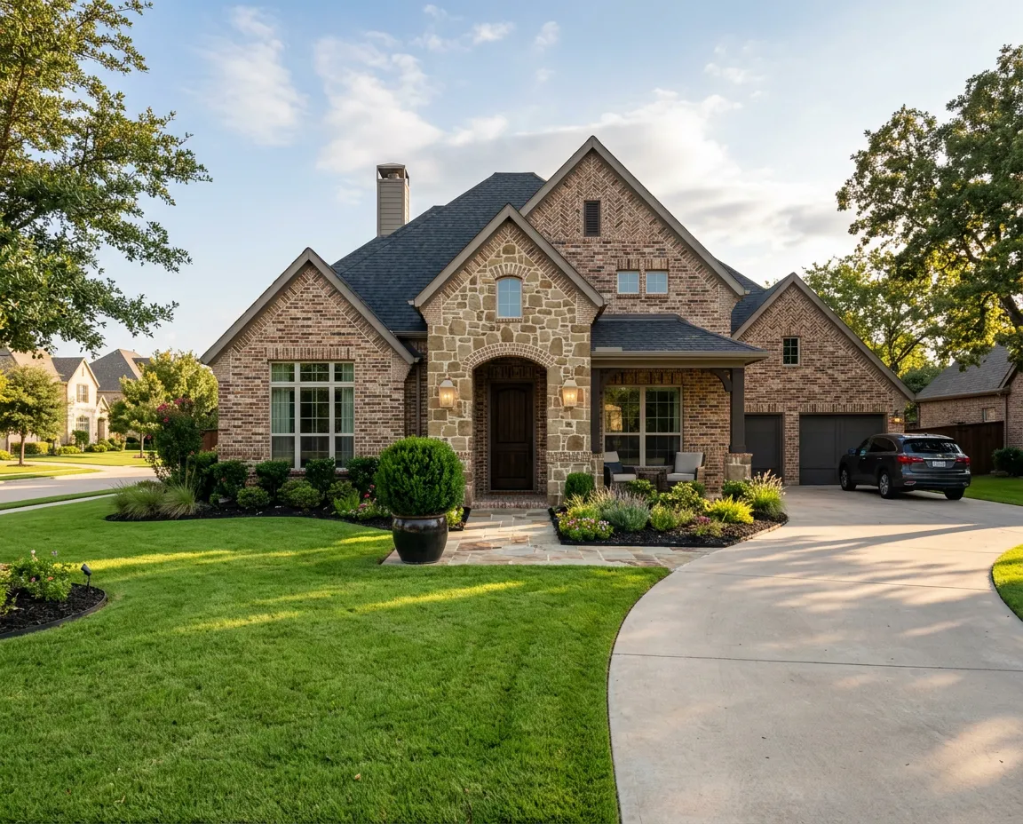 Exterior of an elegant contemporary rental home with manicured front lawn and private driveway