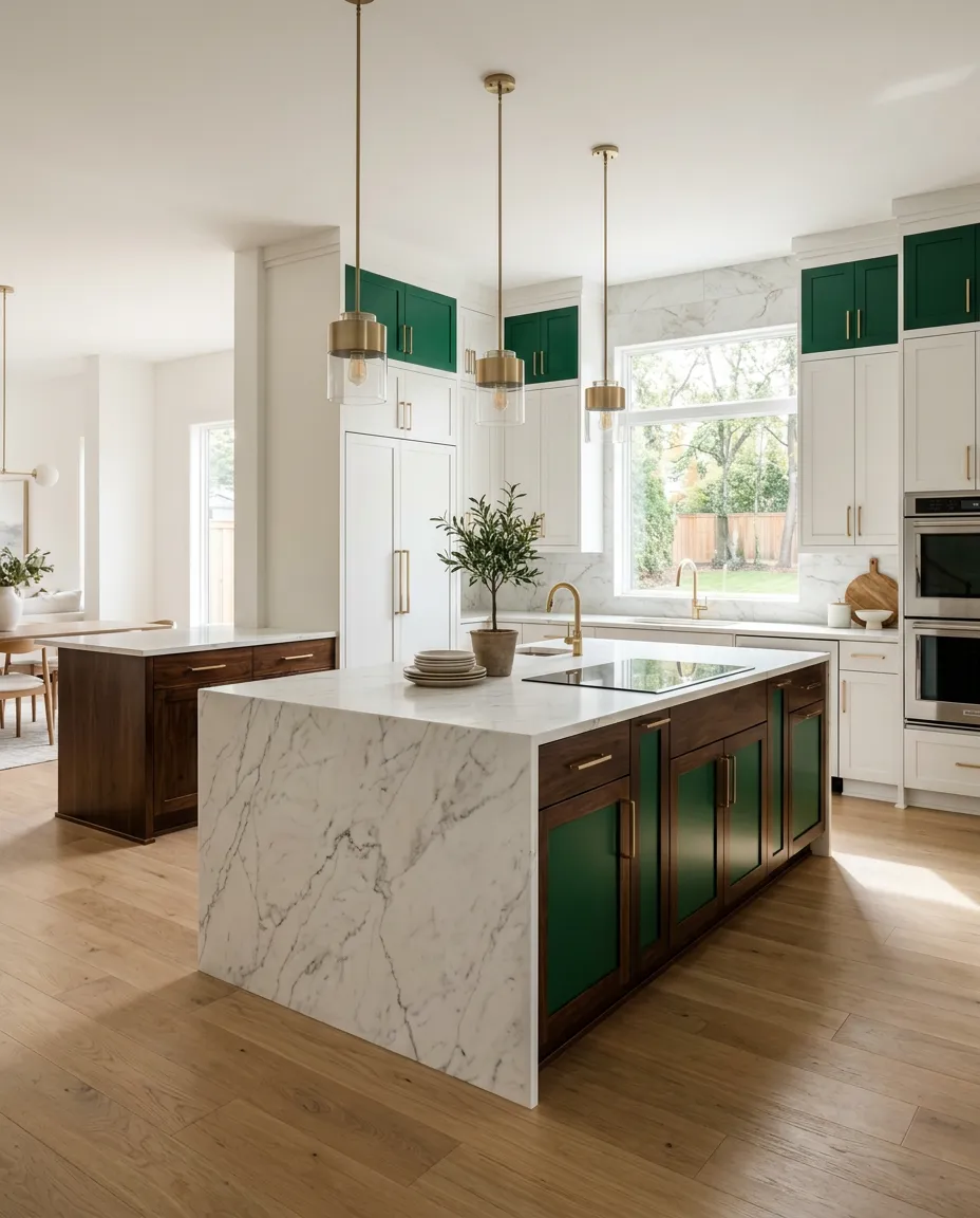 Aspirational chef kitchen in a newly constructed North Texas luxury home featuring custom cabinetry and marble island